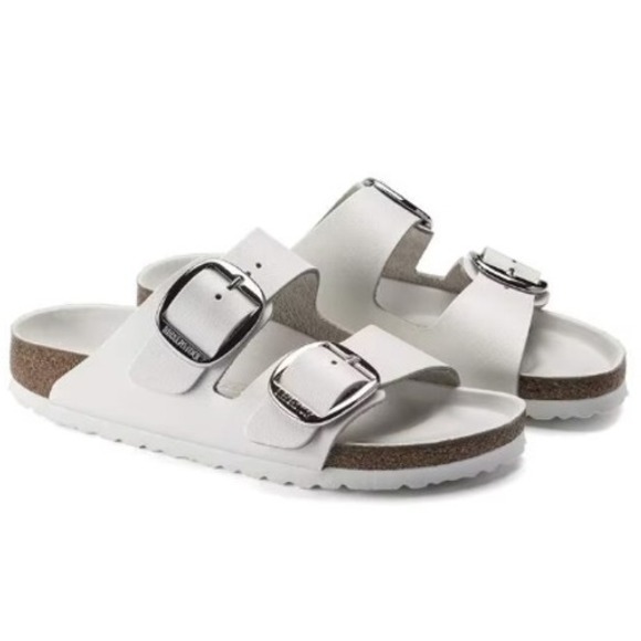Birkenstock Shoes - Birkenstock Arizona Big Buckle White Leather Sandals Silver Hardware Womens 37